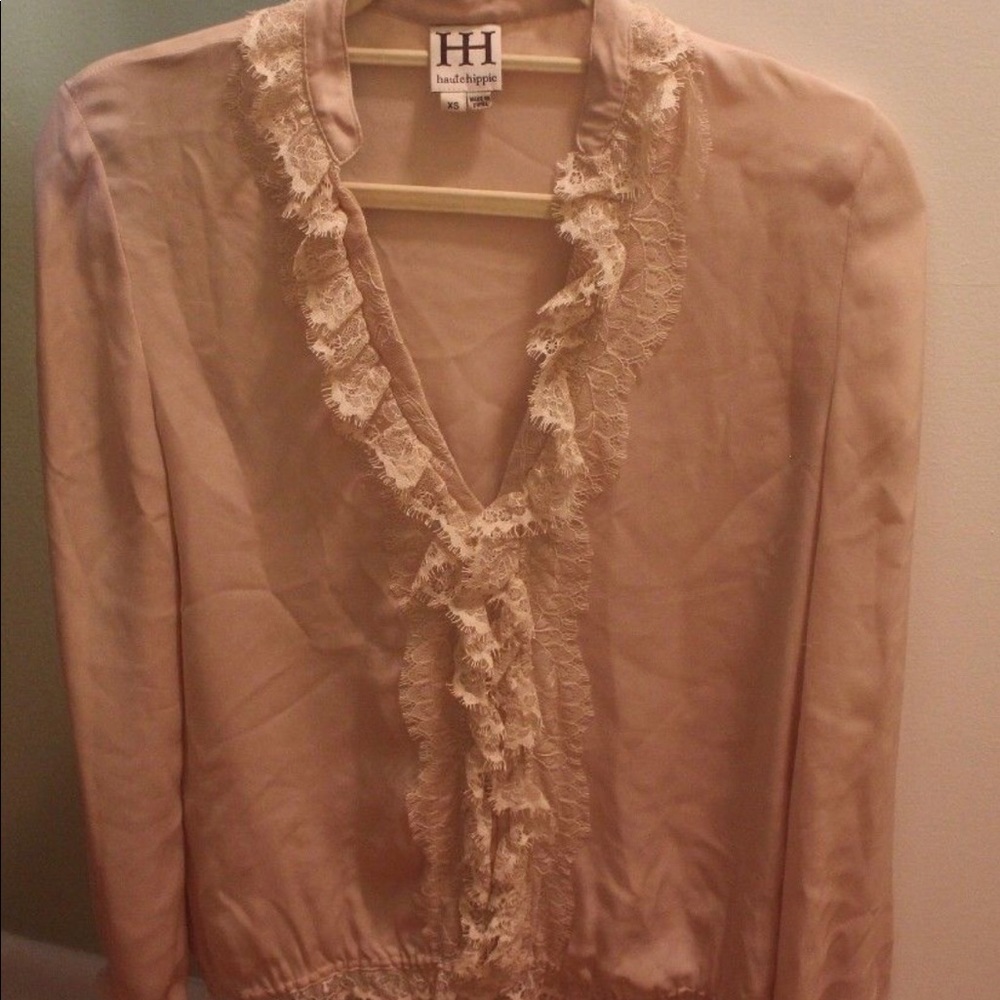Haute Hippie Blouse: beige Long Sleeve, 100% Silk
